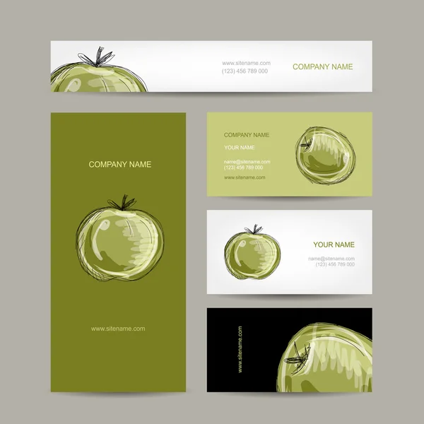 Conjunto de tarjetas de visita de diseño, boceto de manzana — Vector de stock