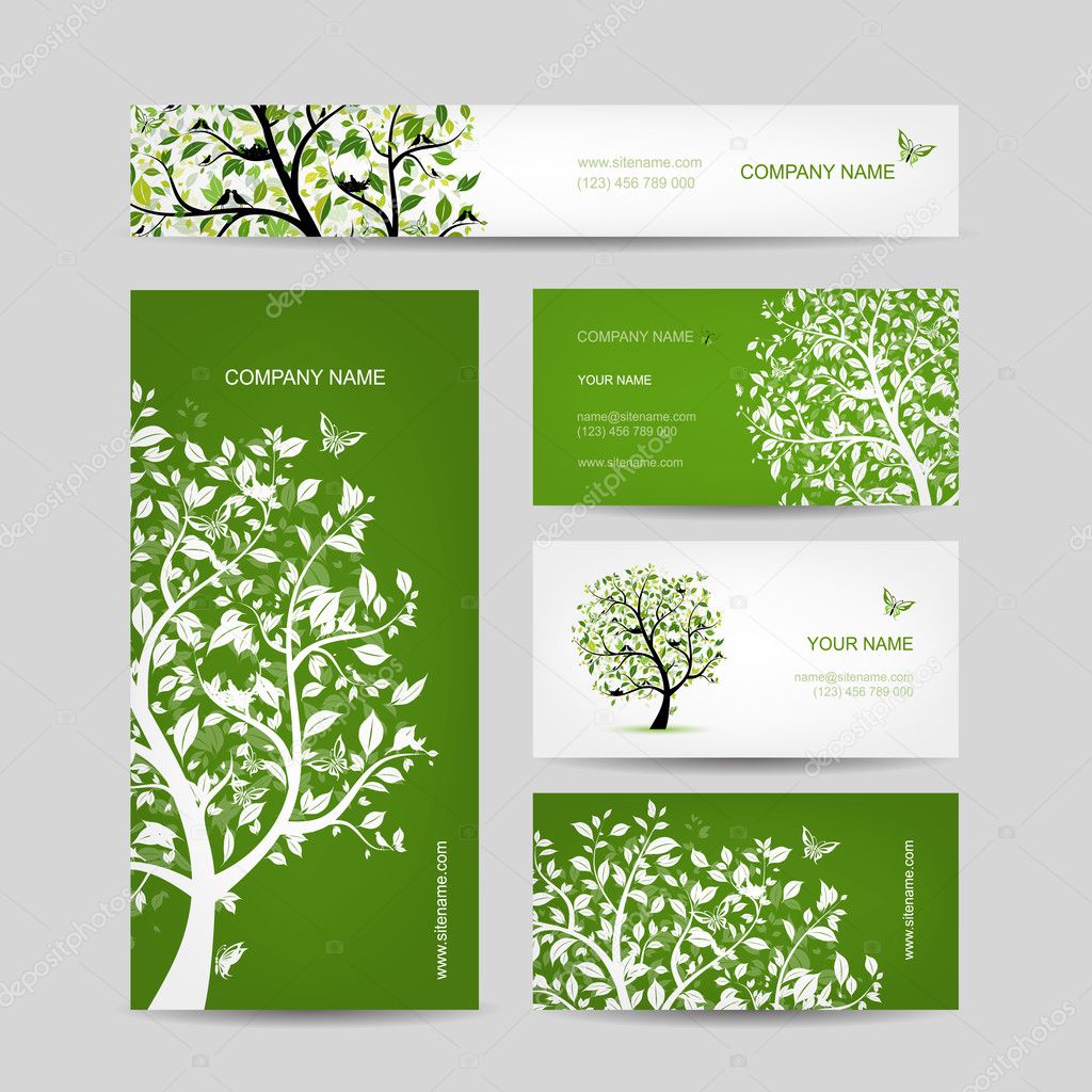Business cards design, spring tree with birds