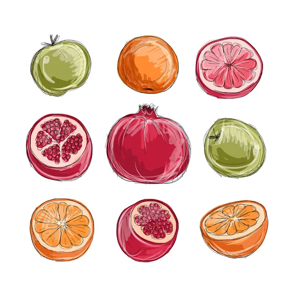 Conjunto de frutas, boceto para su diseño — Vector de stock