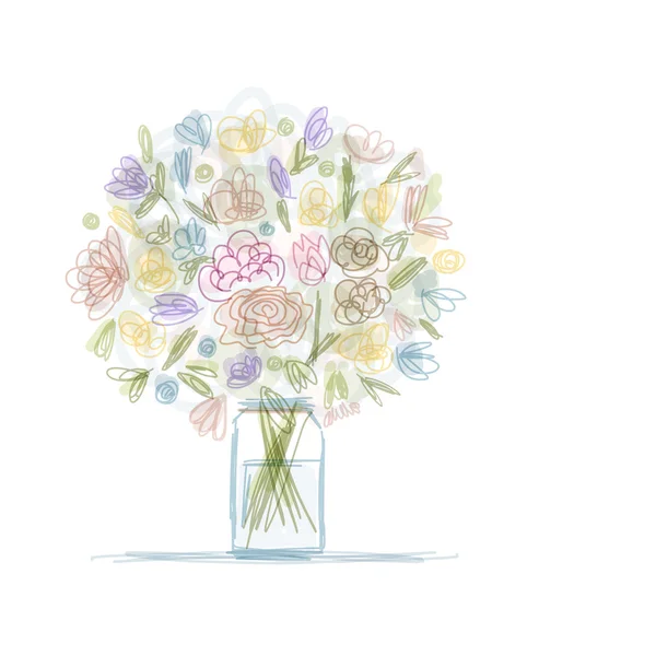 Bouquet floreale in vaso, schizzo per il vostro disegno — Vettoriale Stock