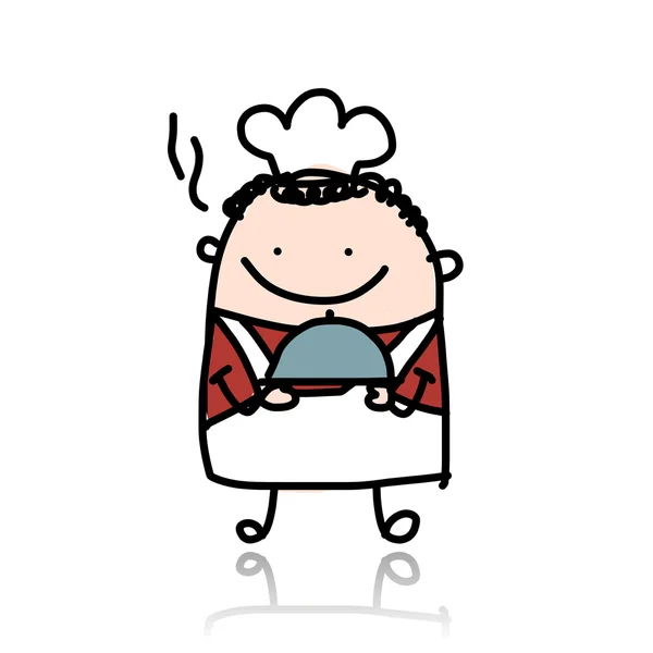 Кухар смішний з тарілкою їжі, ескіз — стоковий вектор