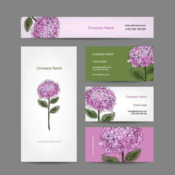 Conjunto de tarjetas de visita de diseño con flor de hortensia — Vector de stock