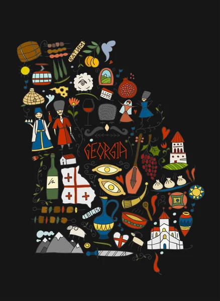 Georgia Country Map. Sfondo di viaggio. Collezione di elementi di design - cibo, luoghi e persone che ballano. Stampa Vectrica per poster, t-shirt ecc. — Vettoriale Stock