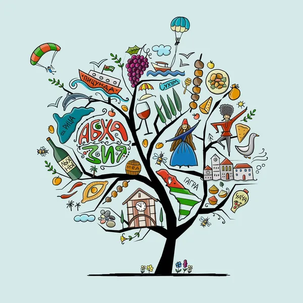 Αμπχαζία Travel. Πολιτισμός και Άνθρωποι. Concept δέντρο για το σχεδιασμό σας — Διανυσματικό Αρχείο