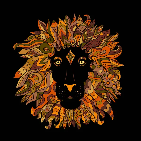 Tête de lion dessinée à la main décorée d'ornements abstraits en zentangle de gribouillis. Croquis pour votre design — Image vectorielle