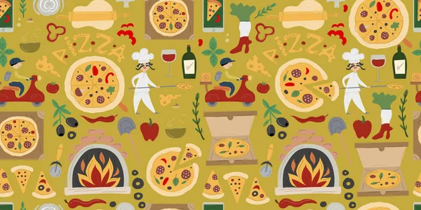 ピザのシームレスなパターンの背景。ピザの製造と配送の設計要素 — ストックベクタ