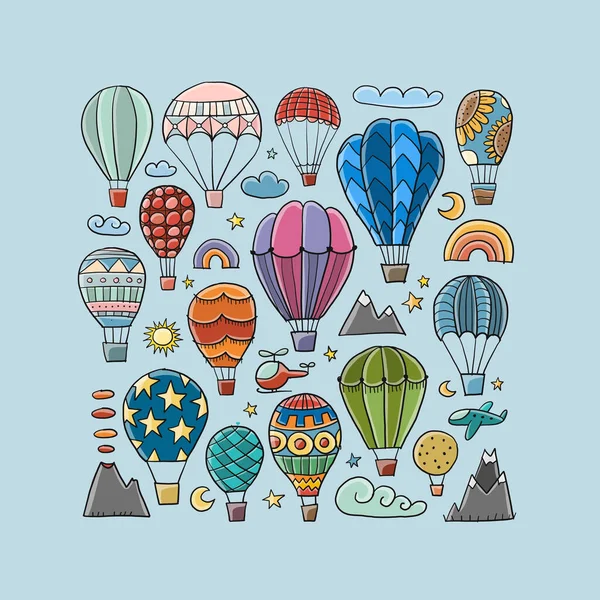 Colorida colección de globos de aire caliente. Boceto para su diseño — Vector de stock