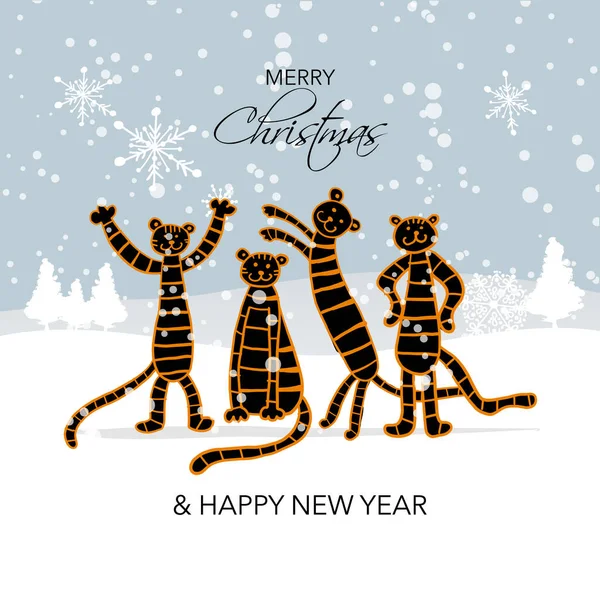 Plantilla de tarjeta de Navidad con divertidos Tigres. Símbolo del año nuevo 2022. — Archivo Imágenes Vectoriales