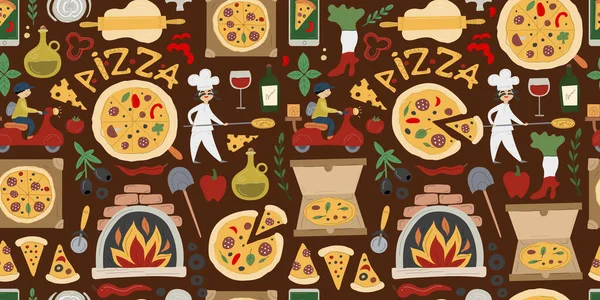 Pizzeria nahtlose Muster Hintergrund. Design-Elemente für Pizza-Herstellung und Lieferung — Stockvektor