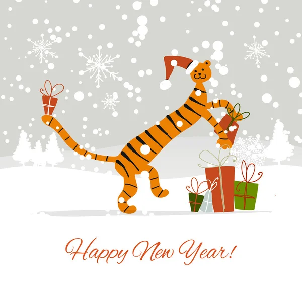 Christmas card template with santa Tiger and gifts. Symbol of 2022 New Year. — Stock Vector