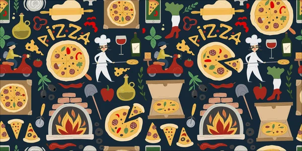 Pizzeria sömlös mönster bakgrund. Pizza Gör och Leverans designelement — Stock vektor