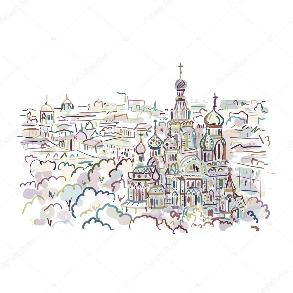 Cathedral of the Resurrection on the Blood, and Church of the Savior on Blood in St. Petersburg, Russia. Vector sketch design
