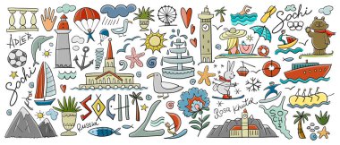 Karadeniz 'deki Rus şehri Sochi' ye git. Turizm Konsepti. Dizaynınız için yatay sanat çerçevesi