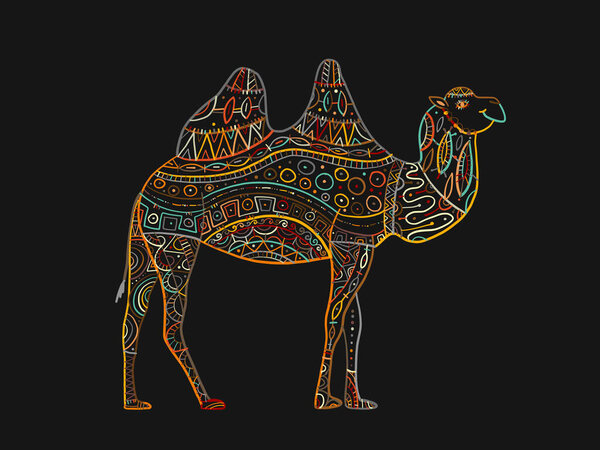 Hand drawn camel. Colorful zentangle ornament for your design