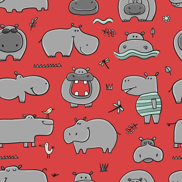 Família Hippopotamus, personagens de hipopótamos bonitos. Padrão sem costura Fundo para o seu projeto —  Vetores de Stock