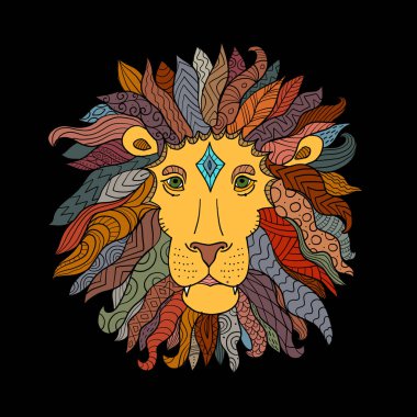 El çizimi aslan kafası soyut karalama zentangle süslemeleriyle süslenmiş. Tasarımınız için çizim