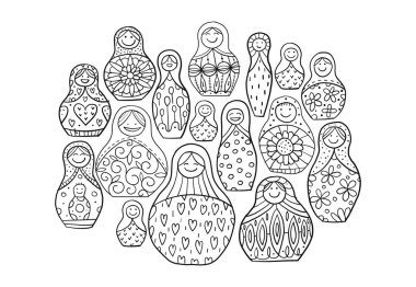 Matrioshka, oyuncak bebek koleksiyonu. Tasarımınız için çizim