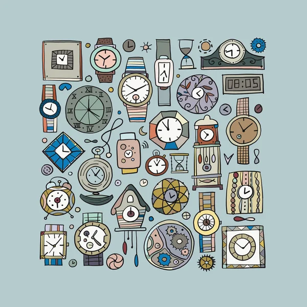 Set van klokken en horloges in verschillende stijl. Retro en moderne collectie voor uw ontwerp — Stockvector