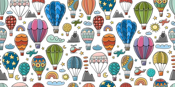 カラフルな熱気球コレクション。デザインのシームレスなパターン — ストックベクタ