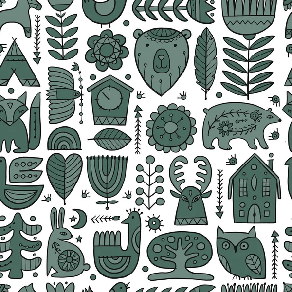 Noordse Ornament. Bosdieren, Volksachtergrond. Naadloos patroon voor uw ontwerp — Stockvector
