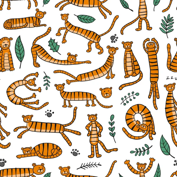 Sammlung von Tigern und tropischen Blättern. Nahtloses Muster für Ihr Design — Stockvektor