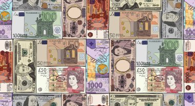 Farklı ülkelerin para banknotları. Amerikan doları, İngiliz sterlini, Japon yuanı, Rus rublesi, İsviçre frankı, Euro. El çizimi eskiz. Kusursuz desen arkaplanı