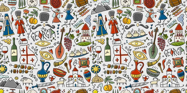 Georgien. Reisehintergrund. Sammlung von Designelementen - Essen, Orte und tanzende Menschen. Nahtloser Musterhintergrund — Stockvektor