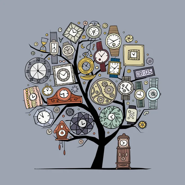 Tasarımınız için saat ve saatleri olan sanat ağacı — Stok Vektör