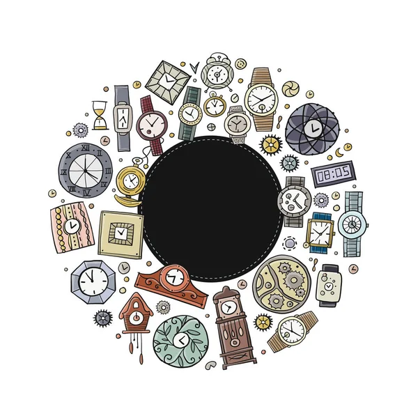 Ensemble d'horloges et de montres dans un style différent. Collection rétro et moderne. Cercle Design de cadre avec place pour votre texte — Image vectorielle