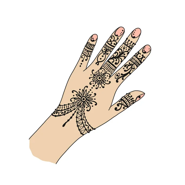 Mão feminina com ornamento de tatuagem mehendi para o seu design. Estilo de vida tradicional indiano. —  Vetores de Stock