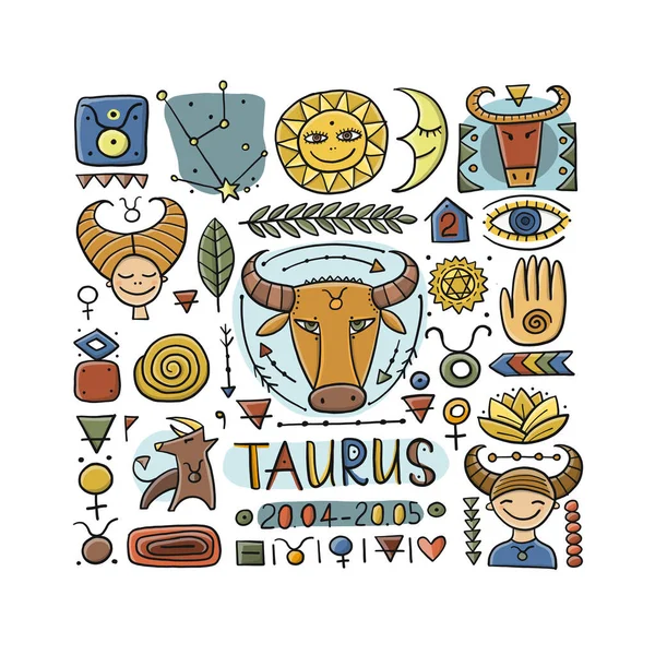 Illustration of Taurus zodiac sign. Element of Earth. Design of Astrology Calendar, Horoscope, Print. — Stock Vector