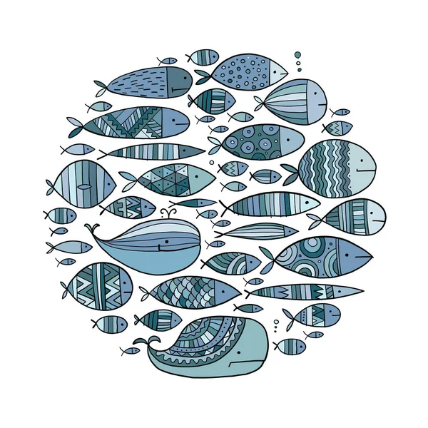 Roliga fiskar samling, etnisk prydnad. Barnsligt. Konstcirkel ram för din design — Stock vektor