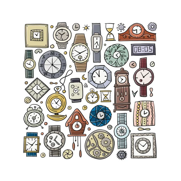 Ensemble d'horloges et de montres dans un style différent. Collection rétro et moderne pour votre design — Image vectorielle