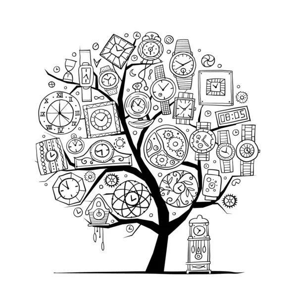 Art tree with clocks and watches for your design — Vetor de Stock