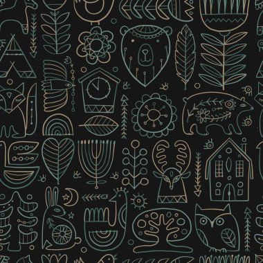 İskandinav süsü. Orman Hayvanları, Halk Arkaplanı. Tasarımınız için kusursuz desen