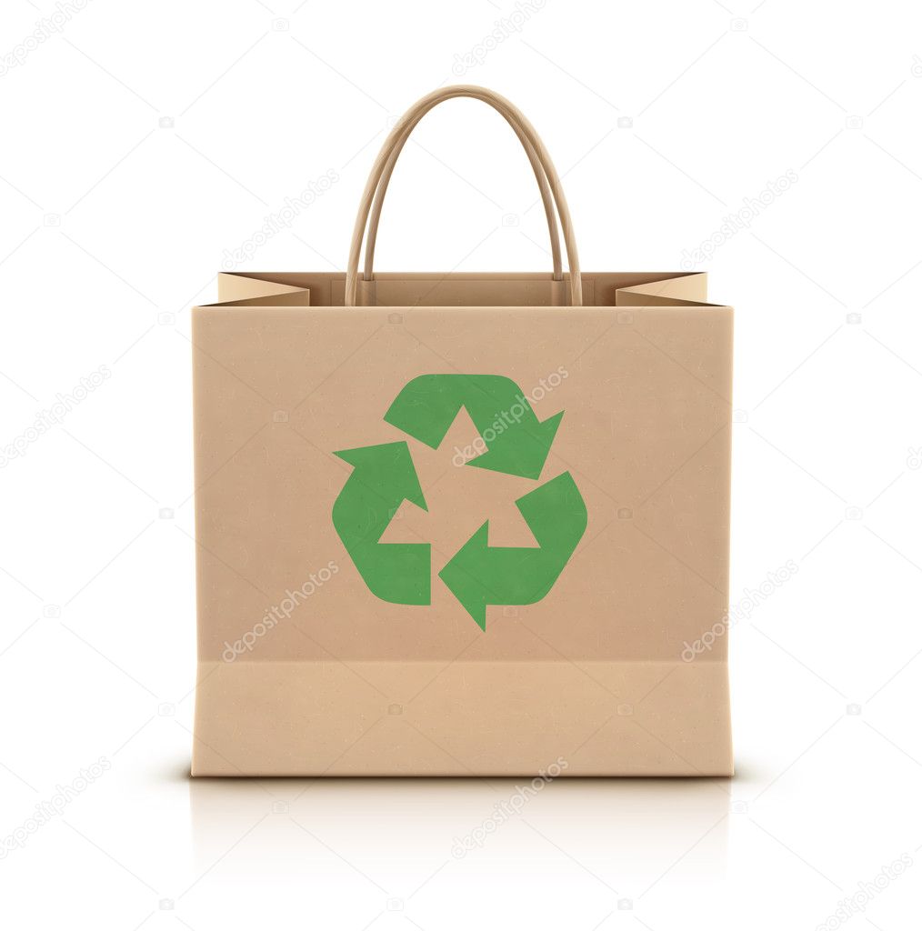 Vector illustration of environmentally friendly paper shopping bag with paper handles and green recycle logo on the front