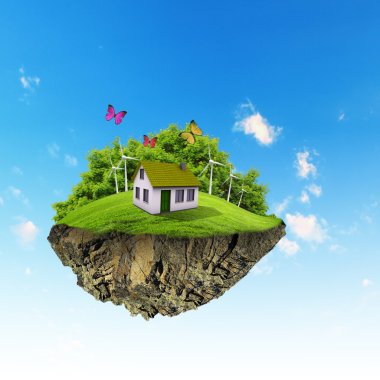 A piece of land in the air with house and tree. clipart