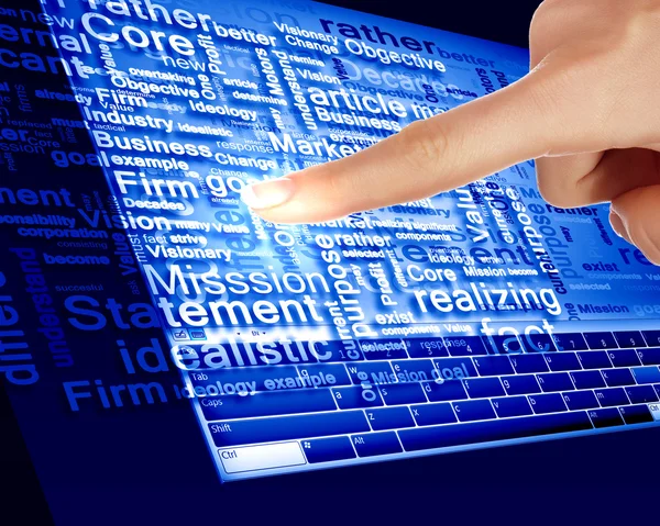 Dedo tocando uma tela azul do computador — Fotografia de Stock