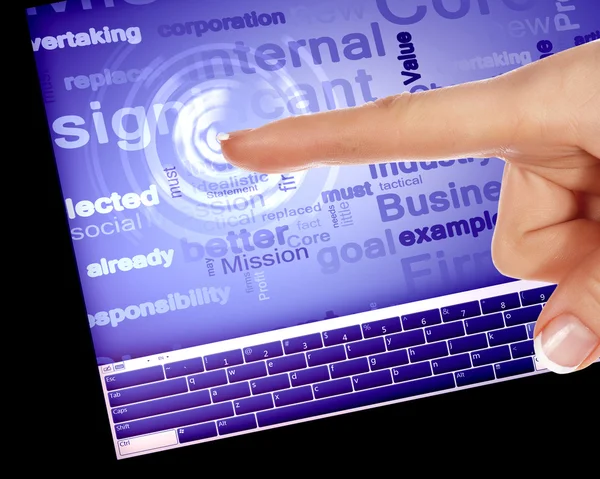 Dedo tocando uma tela azul do computador — Fotografia de Stock