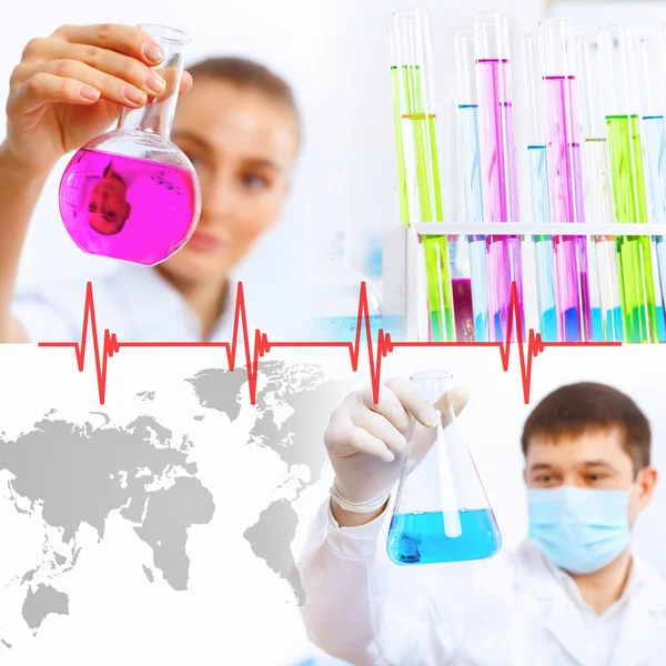 Collage with scientist in laboratory — Stock Photo, Image