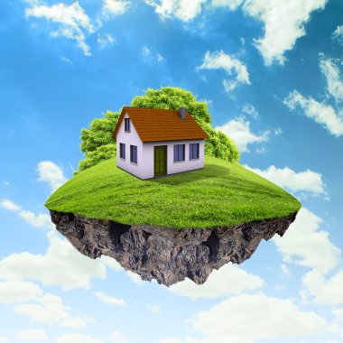 A piece of land in the air with house and tree. clipart