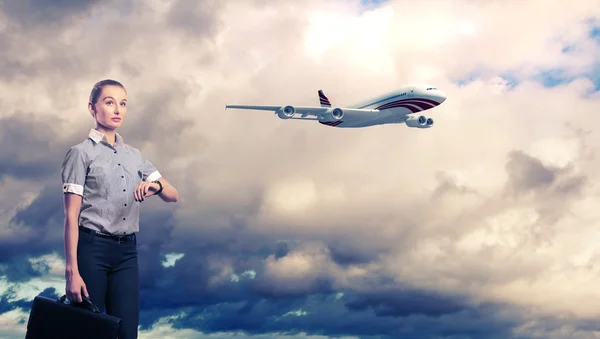 Zakelijke reizen collage met een vliegtuig — Stockfoto