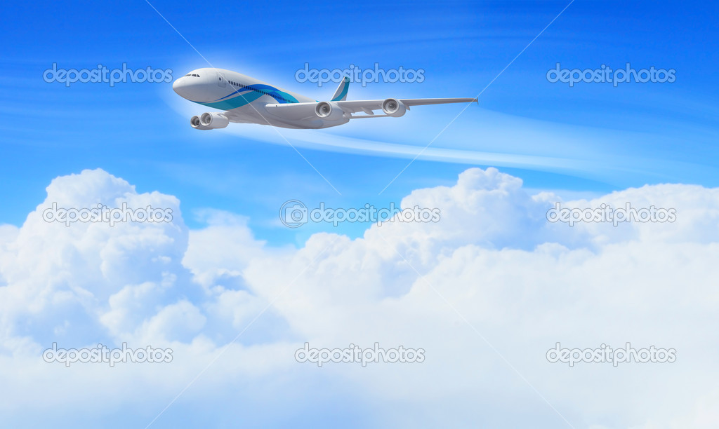 White passenger plane in the blue sky