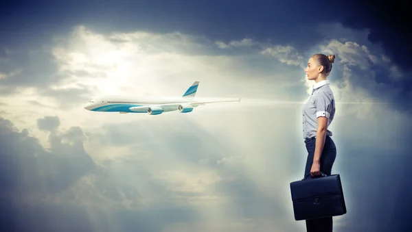 Business travelling collage with a plane — Stock Photo, Image