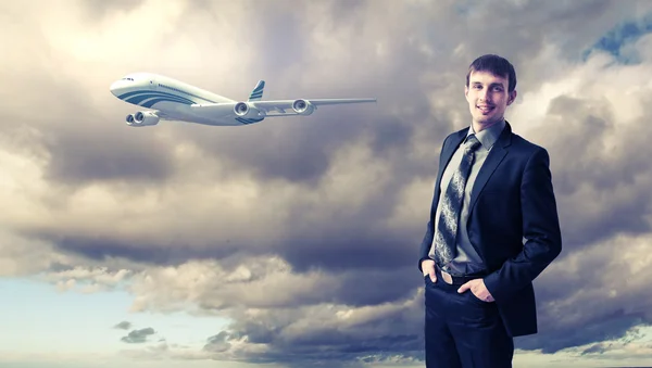 Zakelijke reizen collage met een vliegtuig — Stockfoto