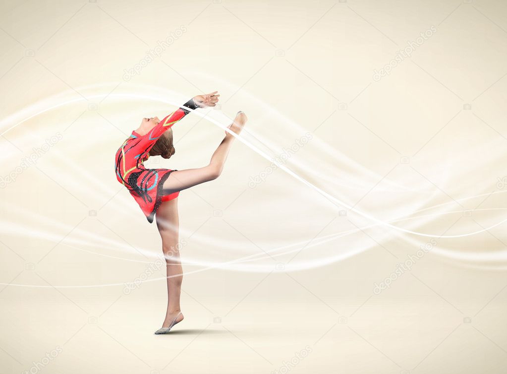 Young woman in gymnast suit posing