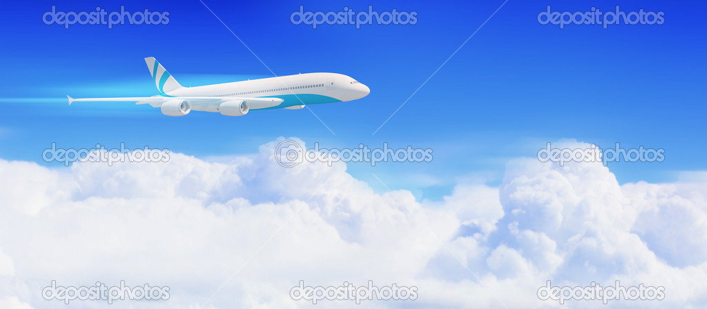 White passenger plane in the blue sky