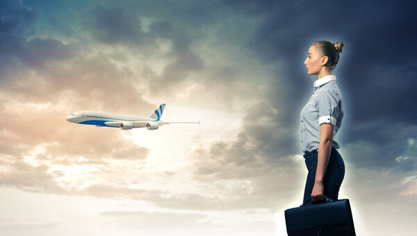 Business travelling collage with a plane