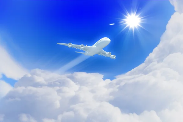 Λευκό επιβατικό αεροπλάνο στον μπλε ουρανό — Φωτογραφία Αρχείου
