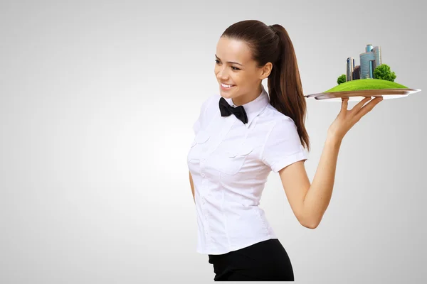 Waitress with a tray with green symbol on it — Stock Photo, Image